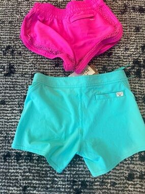 O'Neill Teal Swim Shorts and Hot Pink Lace-Trim Athletic Shorts